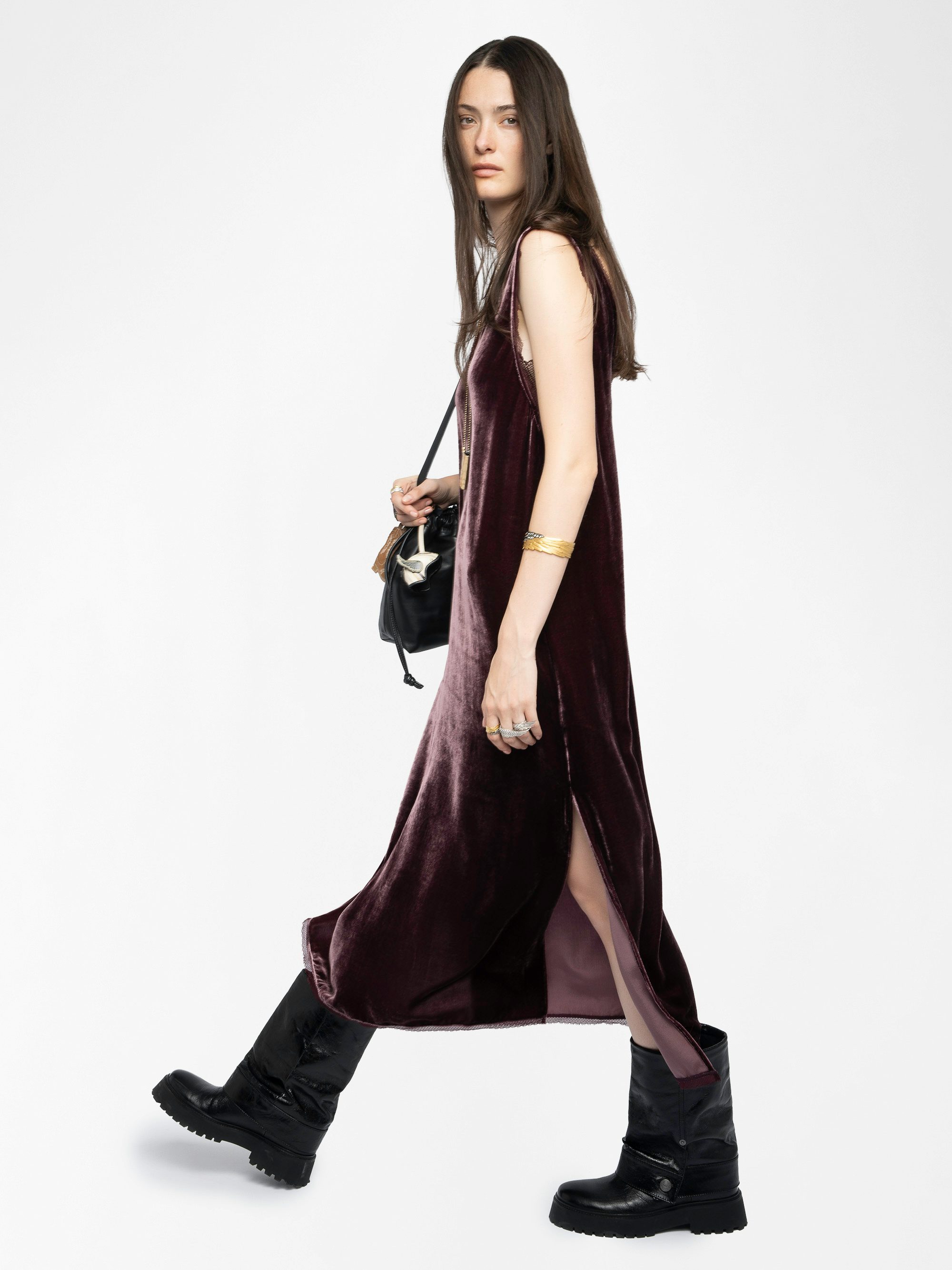 Renzo Velvet Dress - Long dress in plain velvet, lingerie spirit with French lace.